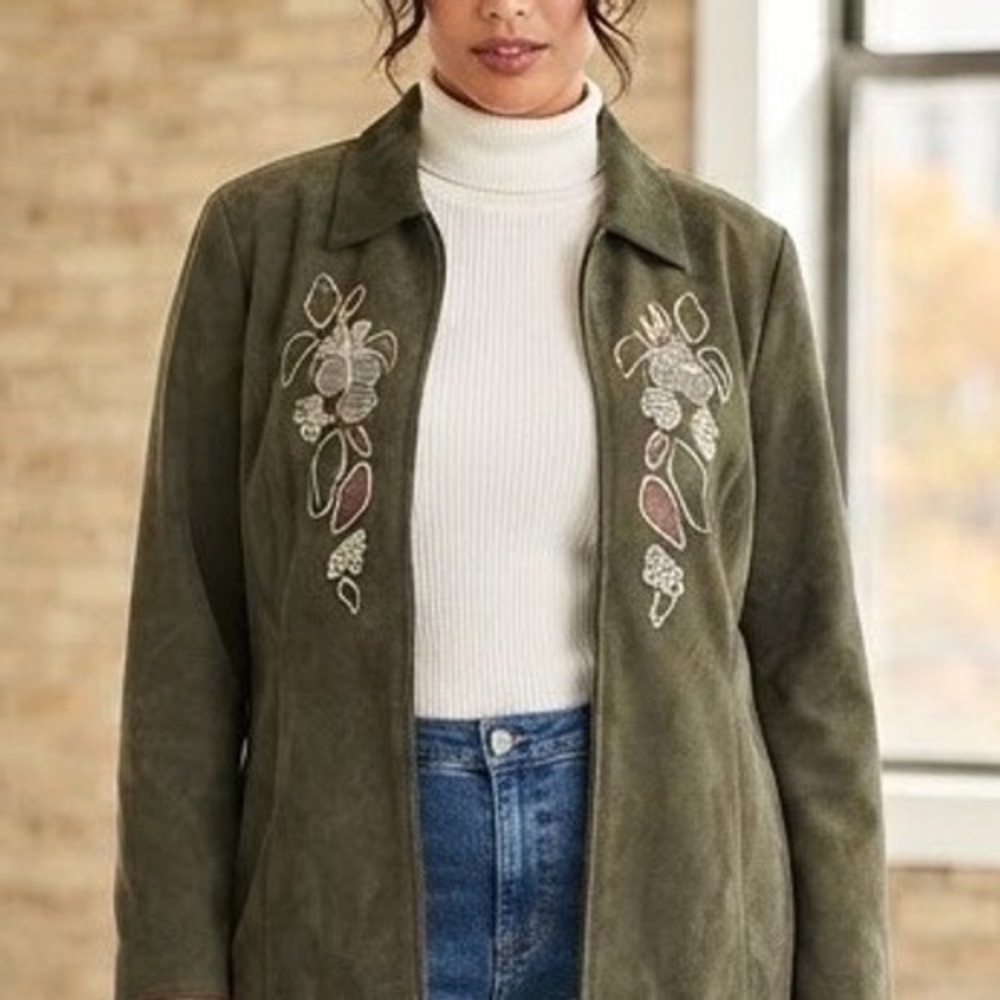 Breckenridge Olive Green Faux Suede Floral Embroidered Jacket Large